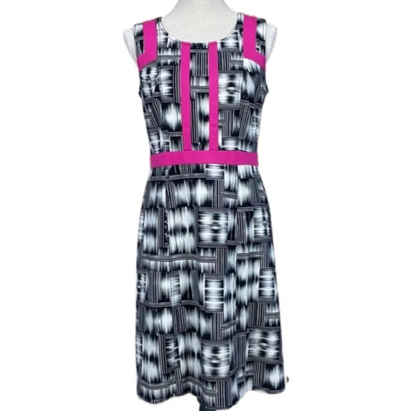 Renuar Sleeveless Midi Sheath Dress Size 6 Black Geometric Print Hot Pink Trim - Picture 11 of 11